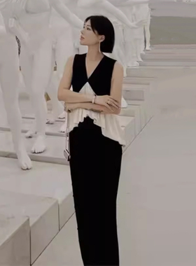 轻奢法式气质套装设计师黑白撞色无袖V领上衣直筒手工钉珠半身裙