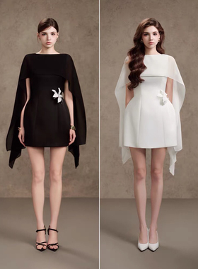 越南小众设计师斗篷披肩露背a字短裙女收腰显瘦花朵白月光连衣裙