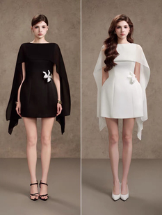 越南小众设计师斗篷披肩露背a字短裙女收腰显瘦花朵白月光连衣裙