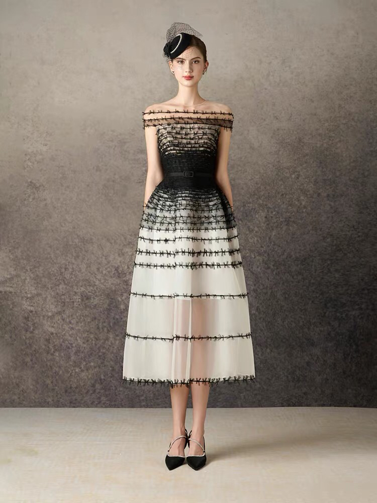 设计师黑白撞色蕾丝网纱连衣裙