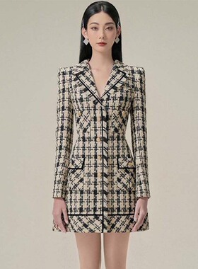 千鸟格小香风连衣裙越南设计师高级感小众毛呢气质收腰短裙女通勤