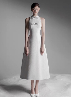 越南小众设计师女神范优雅气质蝴蝶结小礼服长裙温柔白色连衣裙