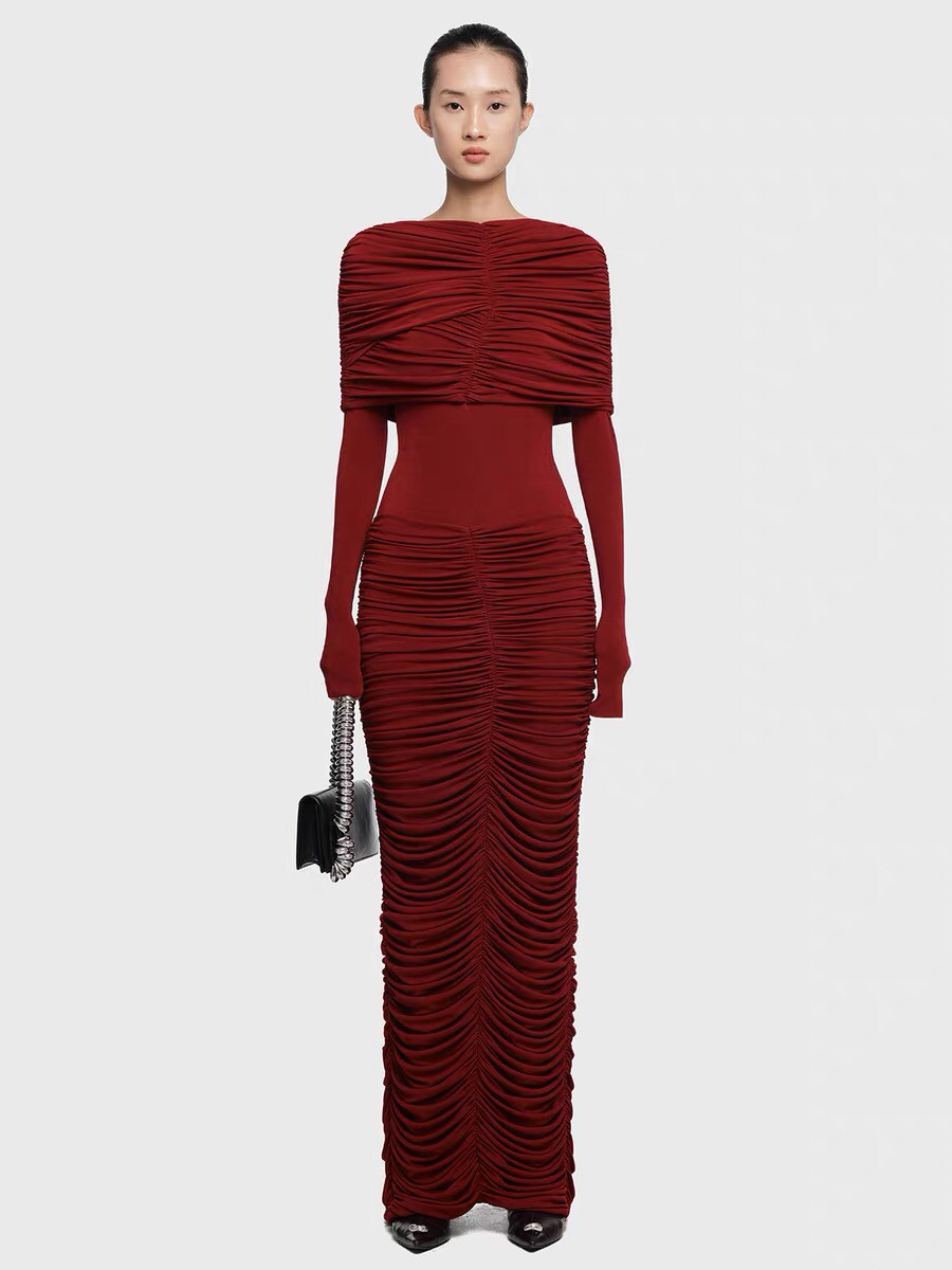 越南小众设计师气质针织弹力褶皱长裙晚宴礼服女一字肩长袖连衣裙