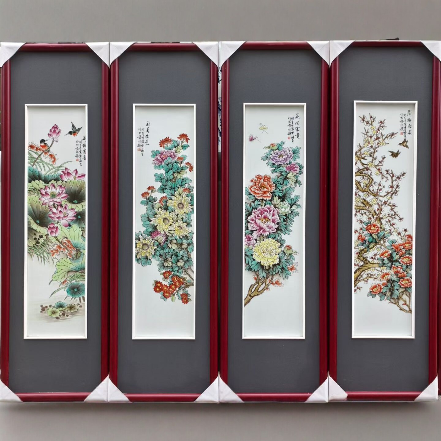 景德镇高档陶瓷手绘釉上彩花鸟图四条屏瓷板画挂画客厅工艺品包邮