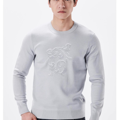 提花圆领修身针织羊毛衫男士