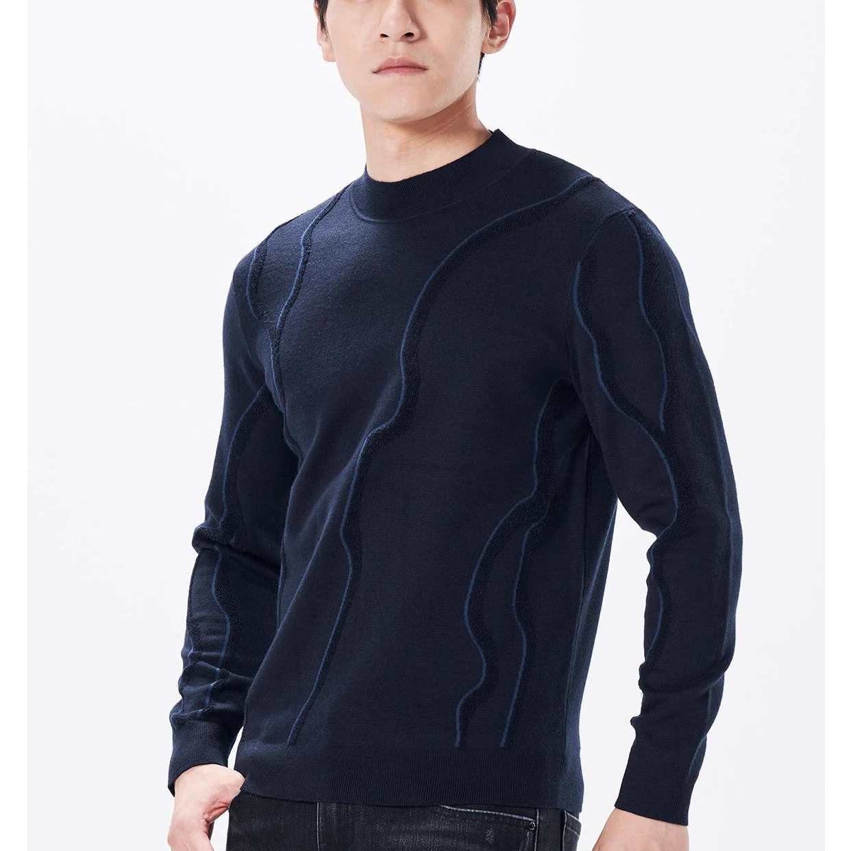 23DMS6021 6022S利家冬新款舒适时尚提花撞色修身圆领针织毛衣男