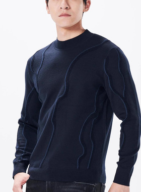 23DMS6021 6022S利家冬新款舒适时尚提花撞色修身圆领针织毛衣男