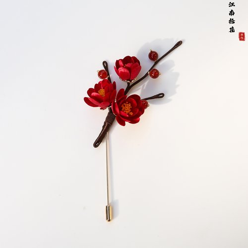 非遗手工绒花胸针秋冬红梅花胸花