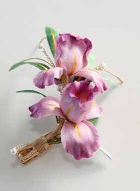 江南拾花 非遗手工绒花粉紫色鸢尾发夹日常丸子头侧边夹发饰发卡