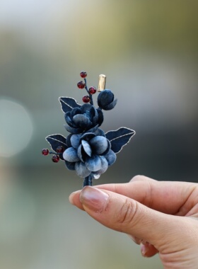 江南拾花 非遗手工绒花胸针蓝色花朵复古别针胸花配饰送老外礼物