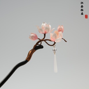 江南拾花 非遗手工粉玉兰绒花发簪女流苏步摇簪子旗袍汉服发饰