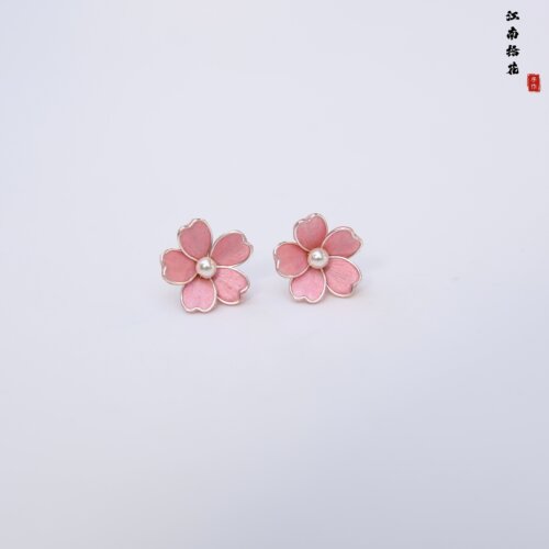 非遗手工绒花925银樱花耳钉耳饰