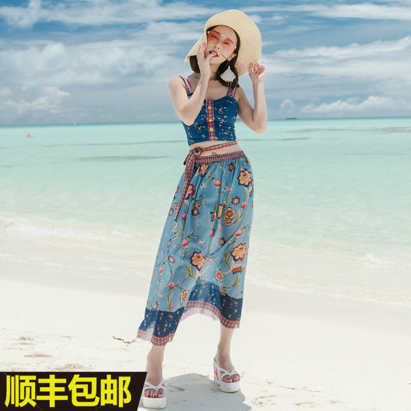 性感民族风比基尼三件套分体裙式韩国小香风泡温泉成人女游泳衣服