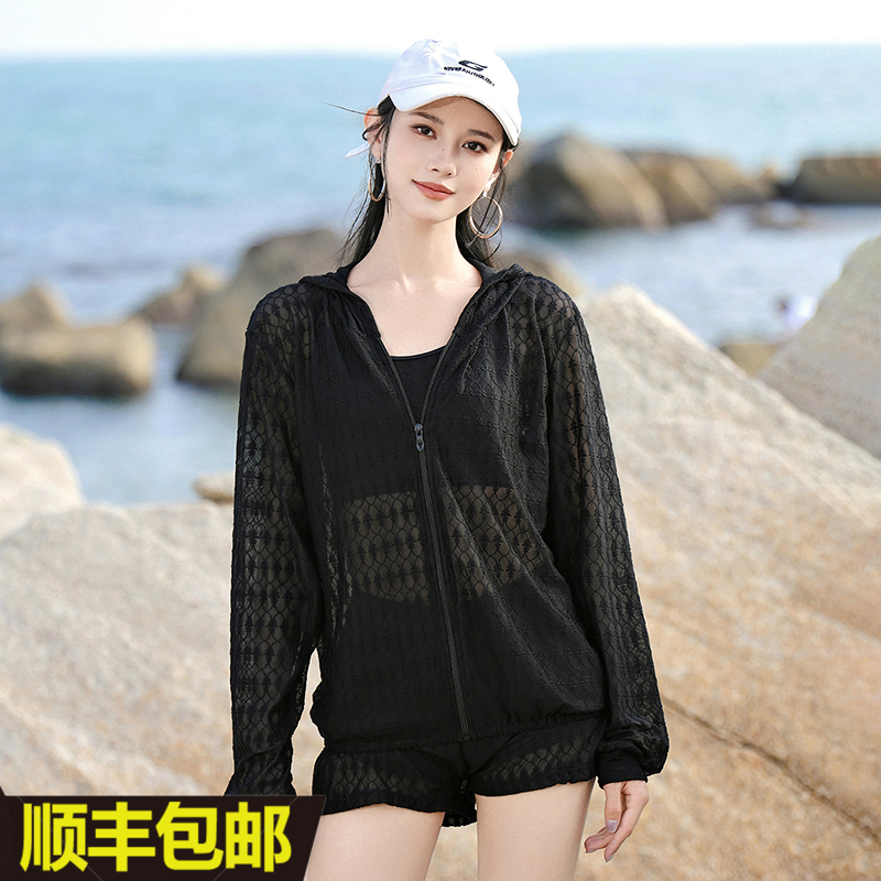 黑色速干分体蕾丝长袖连帽三件套