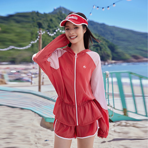 女分体连帽长袖三件套防晒泳衣