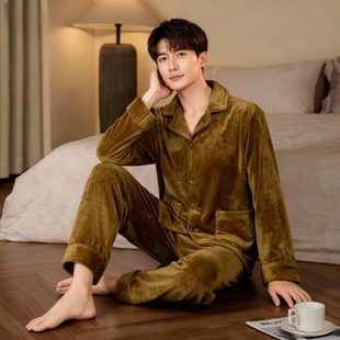 达芬奇密码2026春夏新款海岛绒保暖加厚长袖睡衣男家居服两件套装