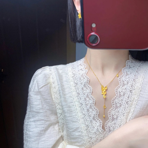 999足金蝴蝶流苏吊坠O字项链黄金流苏蝴蝶耳环时尚女款婚嫁系列