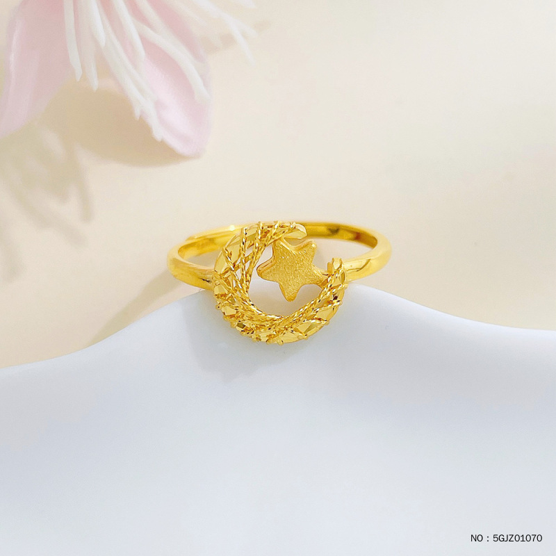 999足金星月交辉戒指女黄金拉丝月亮星星指环爆闪月半戒子送女友