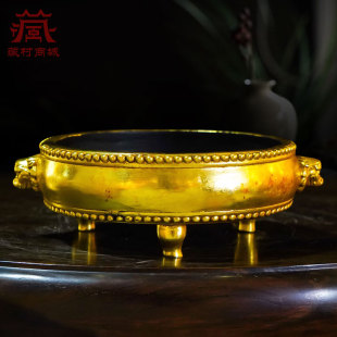 藏村全鎏金三足狮头耳鼓式炉室内家用精工铜制熏香卧香炉摆件