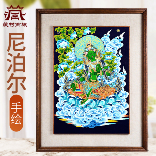 藏村尼泊尔进口绿度母手绘唐卡矿物颜料绿多罗观音墙壁玄关装 饰画