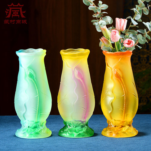琉璃莲花浮雕供花瓶家用