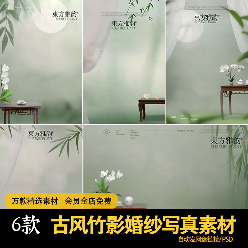 古风汉服国风中式竹影水墨婚纱写真照修图设计合成溶图素材模板ps