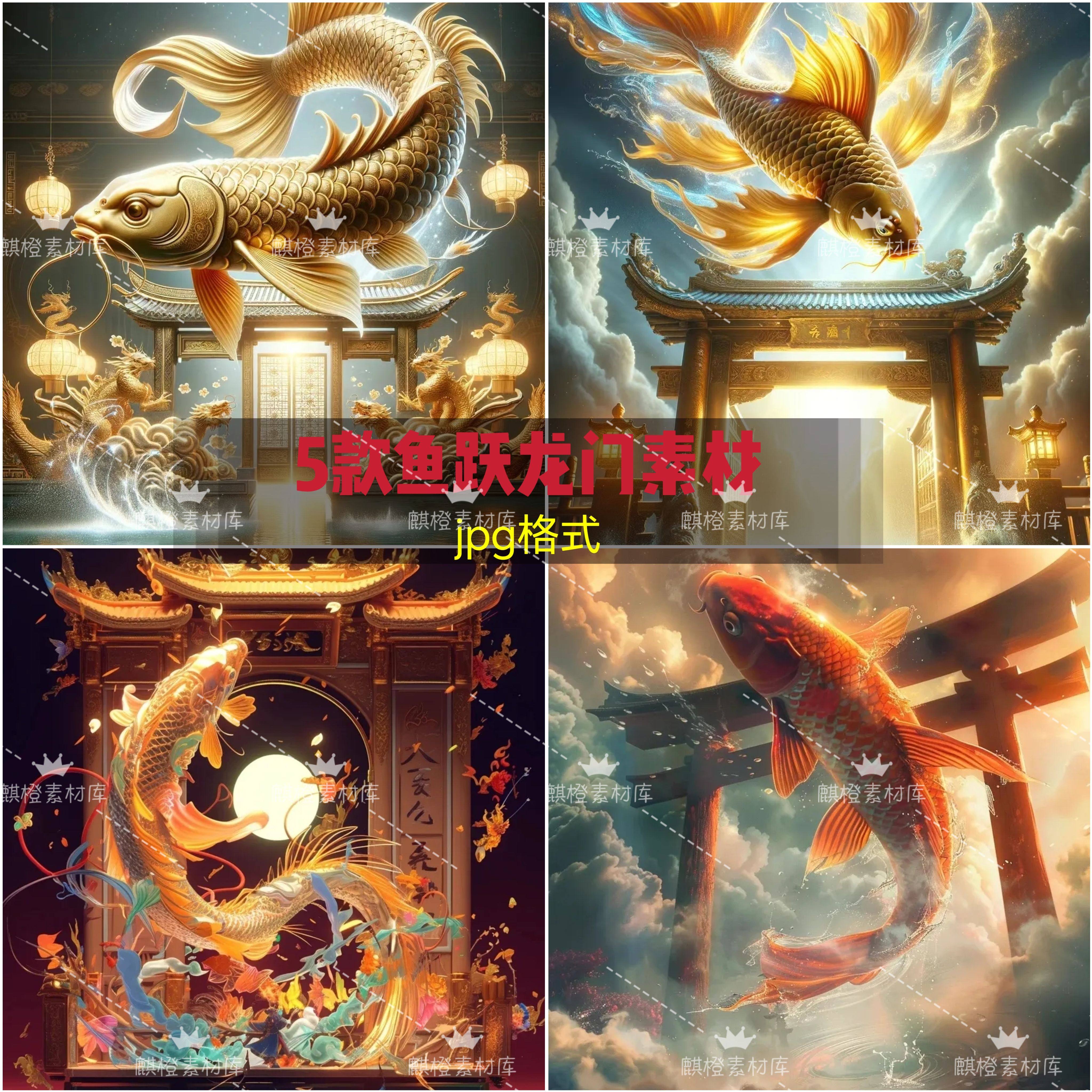 中国风国潮金色鲤鱼跃龙门锦鲤金龙年春节海报背景图片设计素材