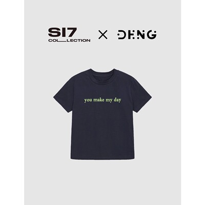 DENG 夏季多巴胺气质微弹修身荧光字母T恤短袖深蓝色FX021
