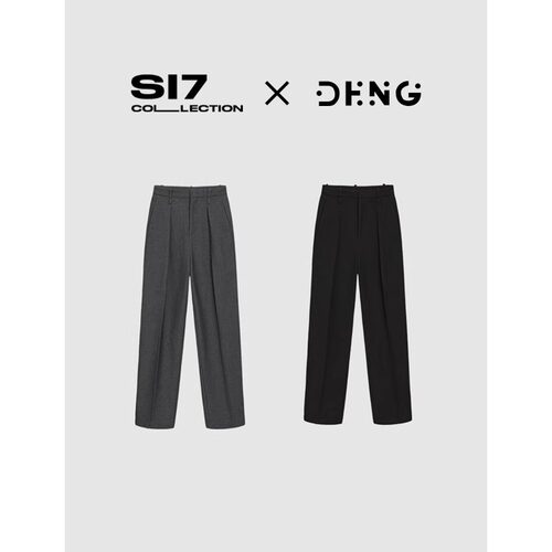 DENG  精纺羊毛高腰显瘦垂感阔腿休闲西裤黑色/深灰色NNB025
