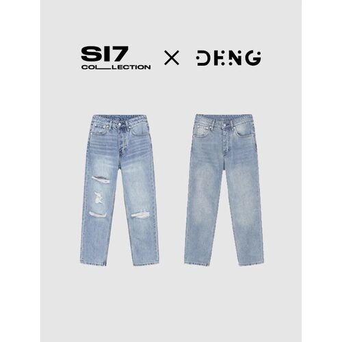 DENG 水洗浅蓝色小个子中腰破洞九分小萝卜牛仔裤显瘦百搭NZS002