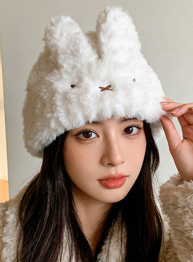 可爱白色兔子毛绒针织帽子女冬加厚保暖显脸小套头帽甜美护耳冷帽