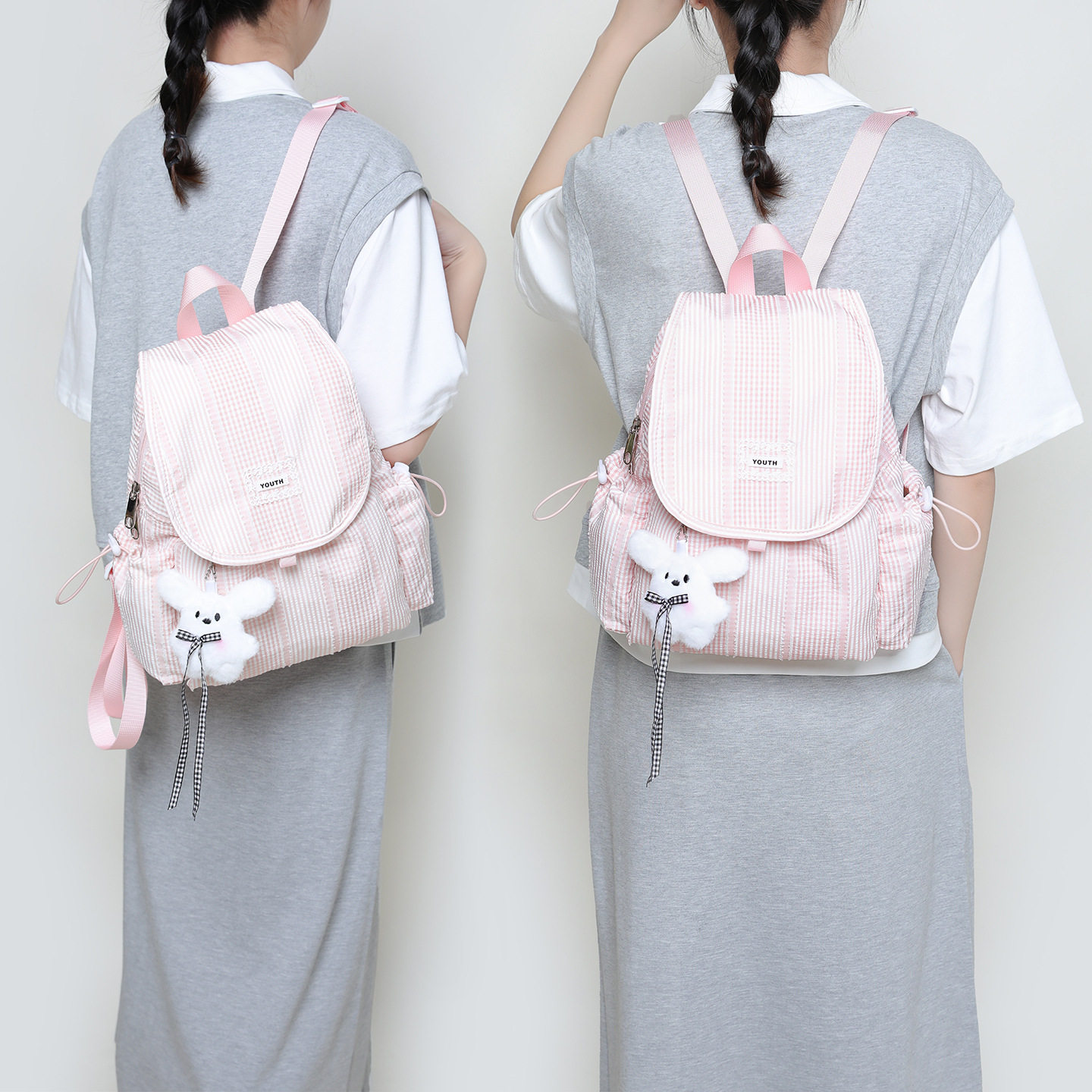 韩系帆布双肩包学生书包ins小众格子学院风休闲小背包女翻盖背包C