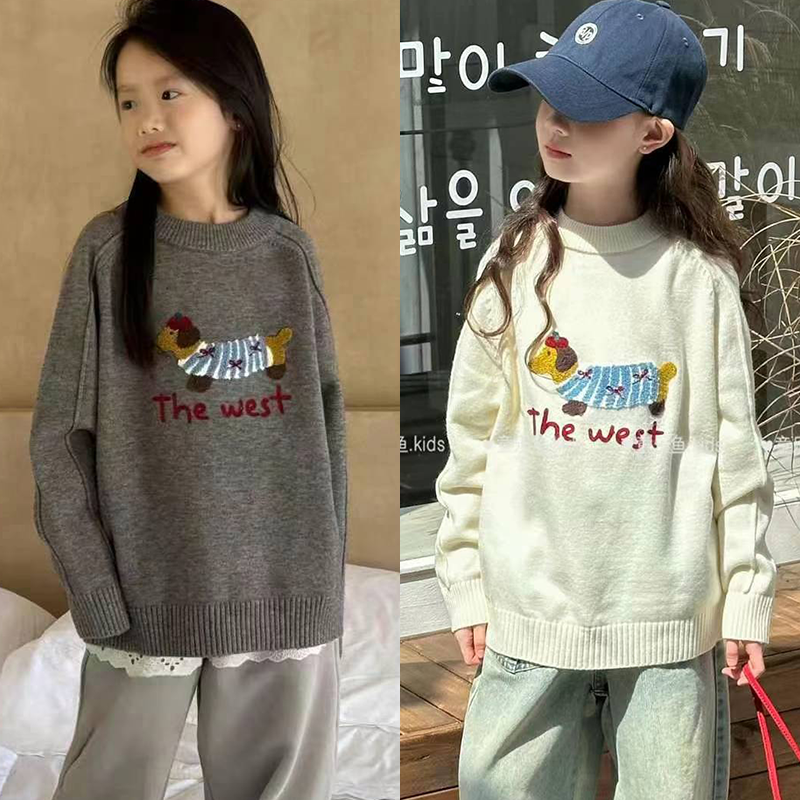 童乐鱼羊毛混纺男女童小狗毛衣2024秋冬新款中童百搭卡通毛衫0620