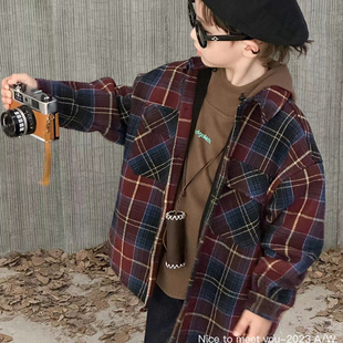 儿童加绒衬衫男童洋气一体绒格子外套纯棉秋冬年货款22374