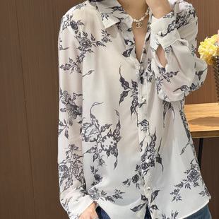 2025早秋新款 女 复古渲染水墨印花真丝上衣简约衬衣款 休闲百搭衬衫