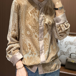 2025早秋新款 上衣烧花真丝丝绒休闲衬衣女 时尚 刺绣显瘦圆领长袖
