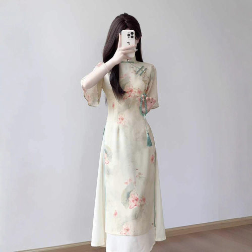 旗袍2025新款春夏奥黛少女年轻款改良新中式国风茶服民国风连衣裙