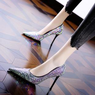高跟鞋 女气质名媛宴会礼服金色尖头时尚 女. 全水钻细跟单鞋 9CM法式