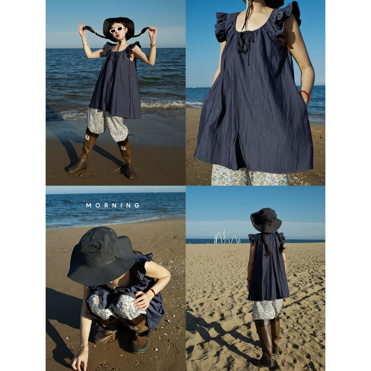 missmonkey猴子家~日系百搭叠穿长款背心裙花边小飞袖大摆娃娃衫