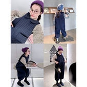 猴子家原创设计冬季 脚背带裤 加厚绗缝棉宽松显瘦连身裤 藏青缩口裤