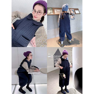 猴子家原创设计冬季加厚绗缝棉宽松显瘦连身裤藏青缩口裤脚背带裤