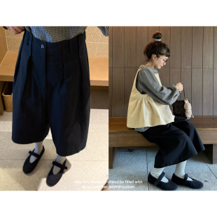 猴子家自制高密色织匹马棉黑色宽松显瘦休闲裤日系百搭宽腿七分裤