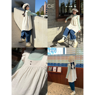 猴子家自制日系百搭叠穿长款背心裙麻料肌理花边小飞袖大摆连衣裙