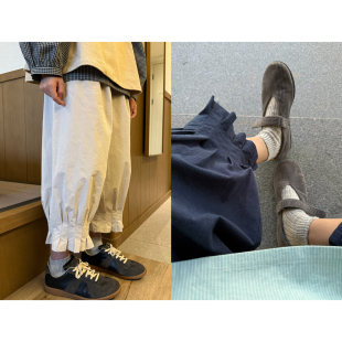 猴子家~高密色织匹马棉松紧腰百搭宽松显瘦九分裤花苞裤脚休闲裤