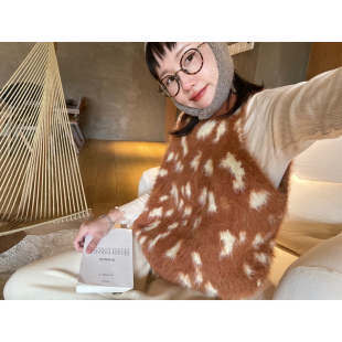 猴子家原创~春季百搭高品质毛织马甲舒适柔软仿貂毛小鹿花纹背心