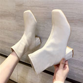 2025秋冬新爆款 女靴子短筒马丁靴中高粗跟皮带扣高帮皮鞋 黑米白色