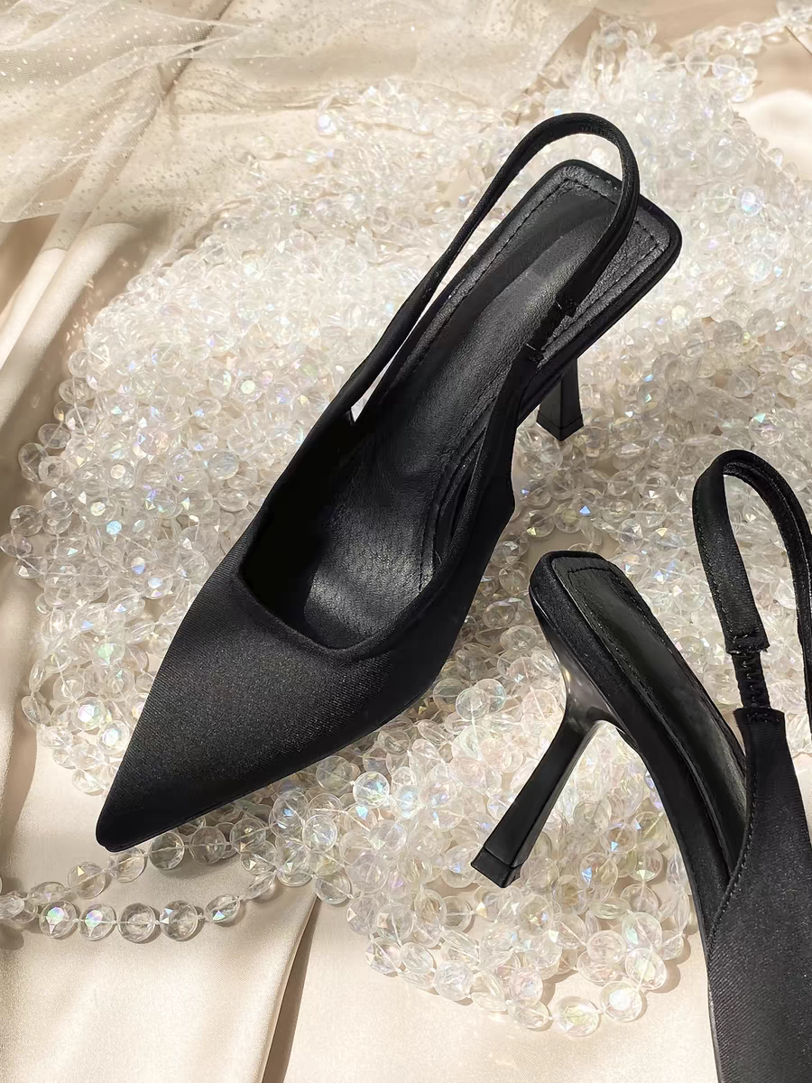 毛容易包头高跟鞋后绊带黑色尖头单鞋凉鞋女夏细跟成人礼2024新款