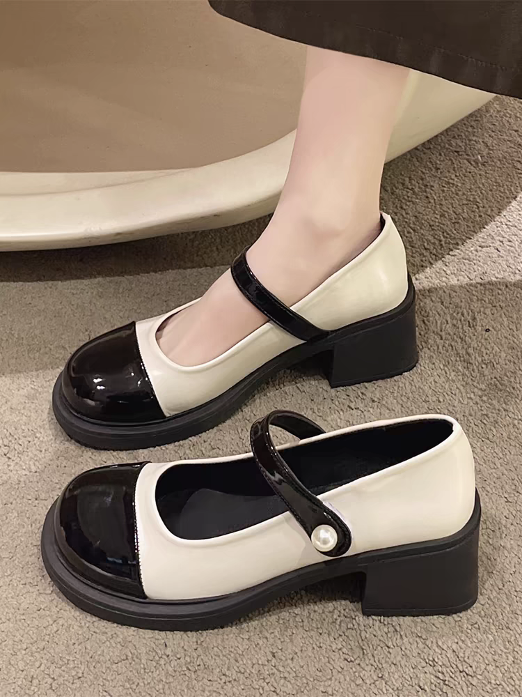 法式玛丽珍小皮鞋女2025春季新款拼色时尚百搭英伦风粗跟高跟单鞋