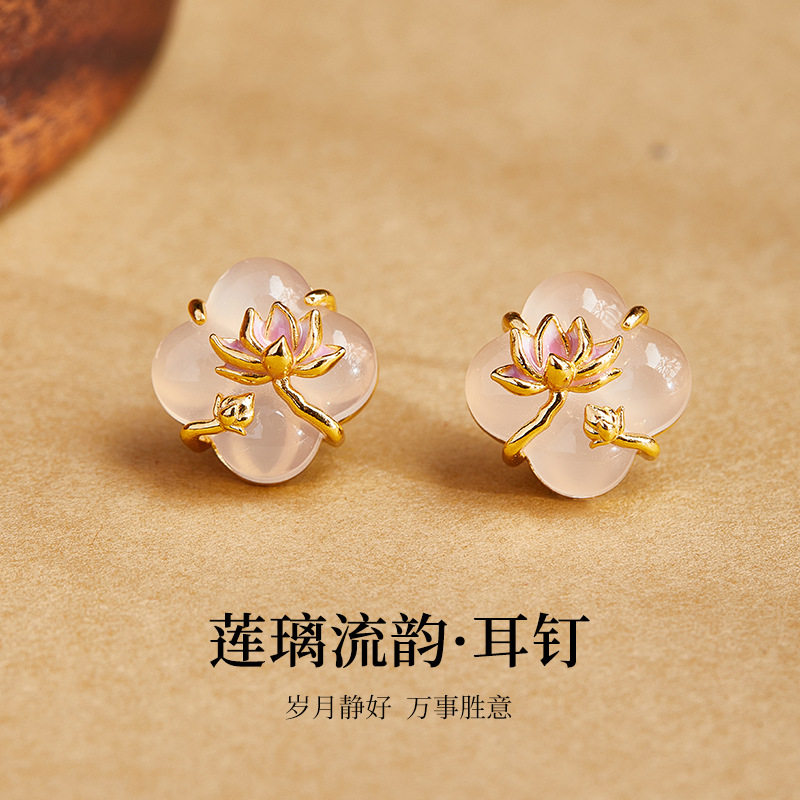 S925纯银耳环天然白玉髓莲花四叶草耳钉新中式高级耳饰送女友礼物