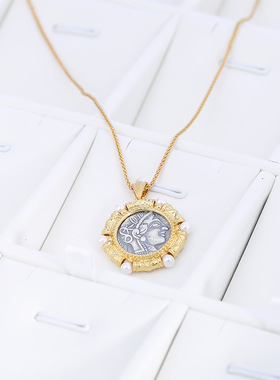 希腊古币雅典娜女神纯银吊坠项链双面图案猫头鹰复古时尚独特神秘